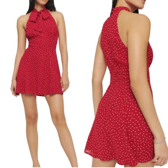 New Reformation Aylani Tie Neck Dot Mini Dress in Ditty Size 0 - Picture 1 of 6